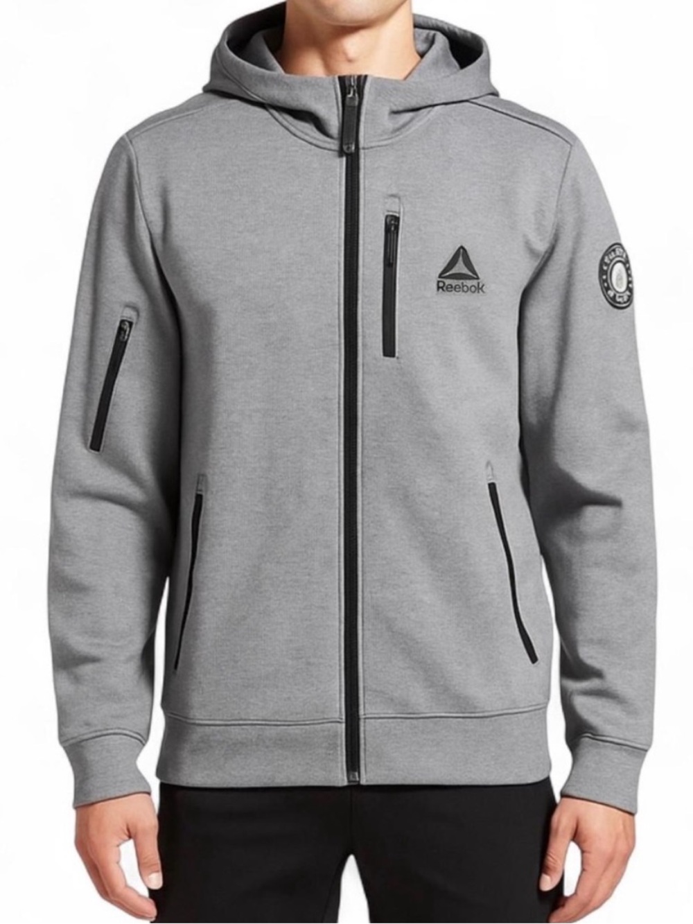 REEBOK Men Jacket Strength Power 1895 Full Zip Hood Lined Grey {Large}